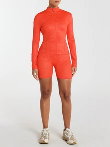 11SKNDS Long Sleeve Zip-Up Fitted Sport Jacket With Stand Collar And Swirl Embossed Texture Perfect For Spring Layering With Sweat-Wicking & Breathable, For Gym Workout Fitness, Running, Training & Hy-Rox - Orange - View 3