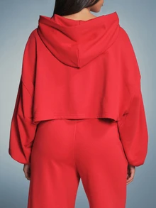 11SKNDS Boxy Fit II SKNDS Cropped Full-Zip Hoodie Oversized Long Sleeve Hooded Sweatshirt With Logo Print Casual Streetwear Spring Essential - Red - View 5