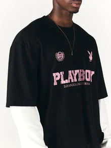 PLAYBOY X SUMWON Oversized Crew Neck Graphic Tee With Los Angeles California Varsity Text And Bunny Logo Print Short Sleeve - Black - View 5