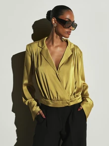 KSTM Satin Wrap Blouse With Deep Plunge Neckline Notch Lapel Collar Pleated Puff Long Sleeves Elasticated Hem Spring Party Top - Green - View 1
