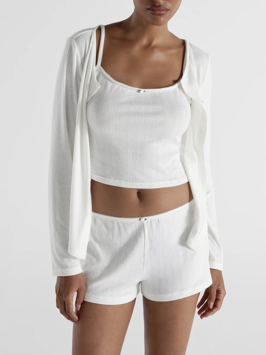 KSTM Pointelle Knit Co-Ord Set Crop Cami Bralette Open Cardigan Mini Shorts Loungewear Sleepwear Pyjama Three Piece Set - White - View 1