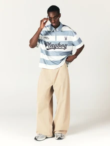 PLAYBOY X SUMWON Club Striped Quarter Zip Polo Shirt With Script Logo Print And Bunny Badge Short Sleeve Oversized Top - Blue - View 3