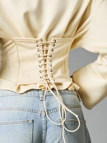 MISSGUIDED Oversized Cream Crop Sweatshirt With Corset Lace-Up Back Detail Long Sleeve Boxy Fit Top Spring Casual Chic Style - Yellow - View 4