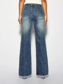 SUMWON WOMEN Wide Flared Denim Jeans With Side Button Detail Low Rise Full Length Washed Blue Vintage Style Boho Festival Pants - Blue - View 6