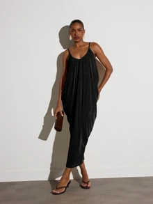 KSTM Velvet Midi Slip Dress V Neck Spaghetti Strap Draped Cocoon Silhouette Open Low Back Summer Party Holiday - Black - View 4