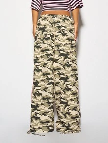 SUMWON WOMEN Camo Print Wide Leg Pants With Pink Script Logo And Rhinestone Detail Drawstring Waist Full Length Casual Trousers - Army Green - View 6
