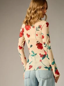 AiiRZ Floral Print Long Sleeve Mesh High Neck Top Slim Fit Sheer Layer Spring Summer Elegant Rose AOP Bodycon Style - Multicolor - View 2