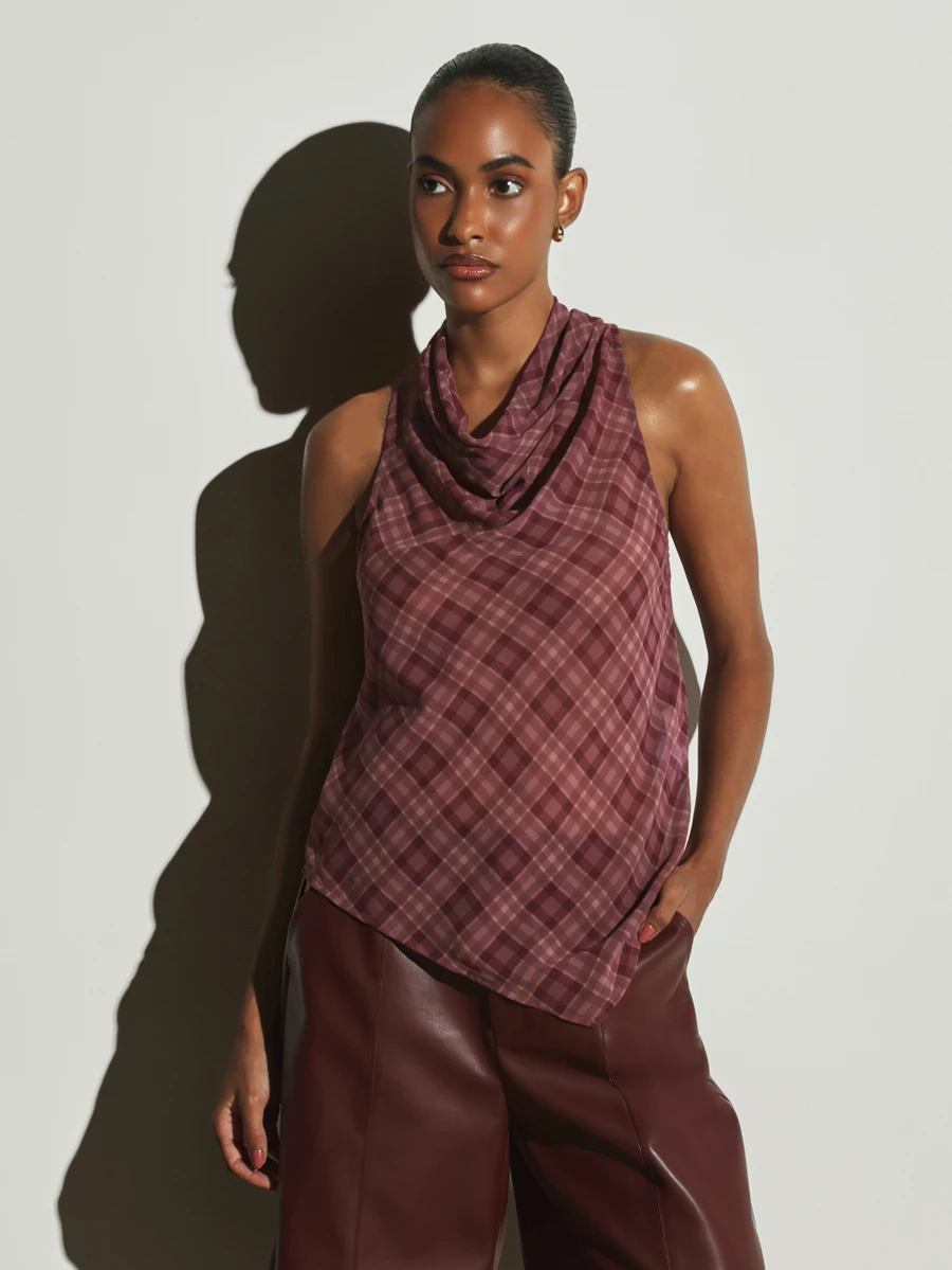 KSTM Plaid Cowl Neck Halter Blouse Diagonal Check Woven Sleeveless Top With Draped Neckline For Fall Winter - Multicolor - View 1