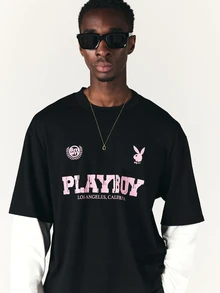 PLAYBOY X SUMWON Oversized Crew Neck Graphic Tee With Los Angeles California Varsity Text And Bunny Logo Print Short Sleeve - Black - View 6