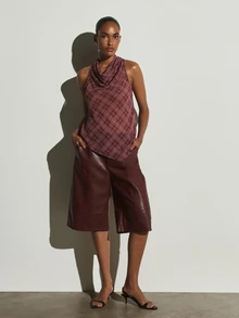 KSTM Plaid Cowl Neck Halter Blouse Diagonal Check Woven Sleeveless Top With Draped Neckline For Fall Winter - Multicolor - View 2