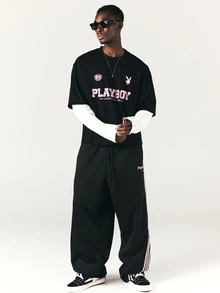 PLAYBOY X SUMWON Oversized Crew Neck Graphic Tee With Los Angeles California Varsity Text And Bunny Logo Print Short Sleeve - Black - View 3