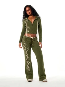 SUMWON WOMEN Knit Wide Leg Pants With Cursive Script Logo Print, Low Rise Drawstring Waist, Flare Silhouette, Fall Winter Cozy Loungewear - Army Green - View 3