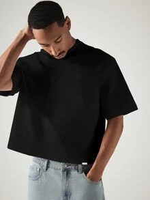 SUMWON 寬鬆方正短版落肩短袖 T-shirt，羅紋圓領，休閒舒適夏季必備上衣 - 黑色 - 查看 4