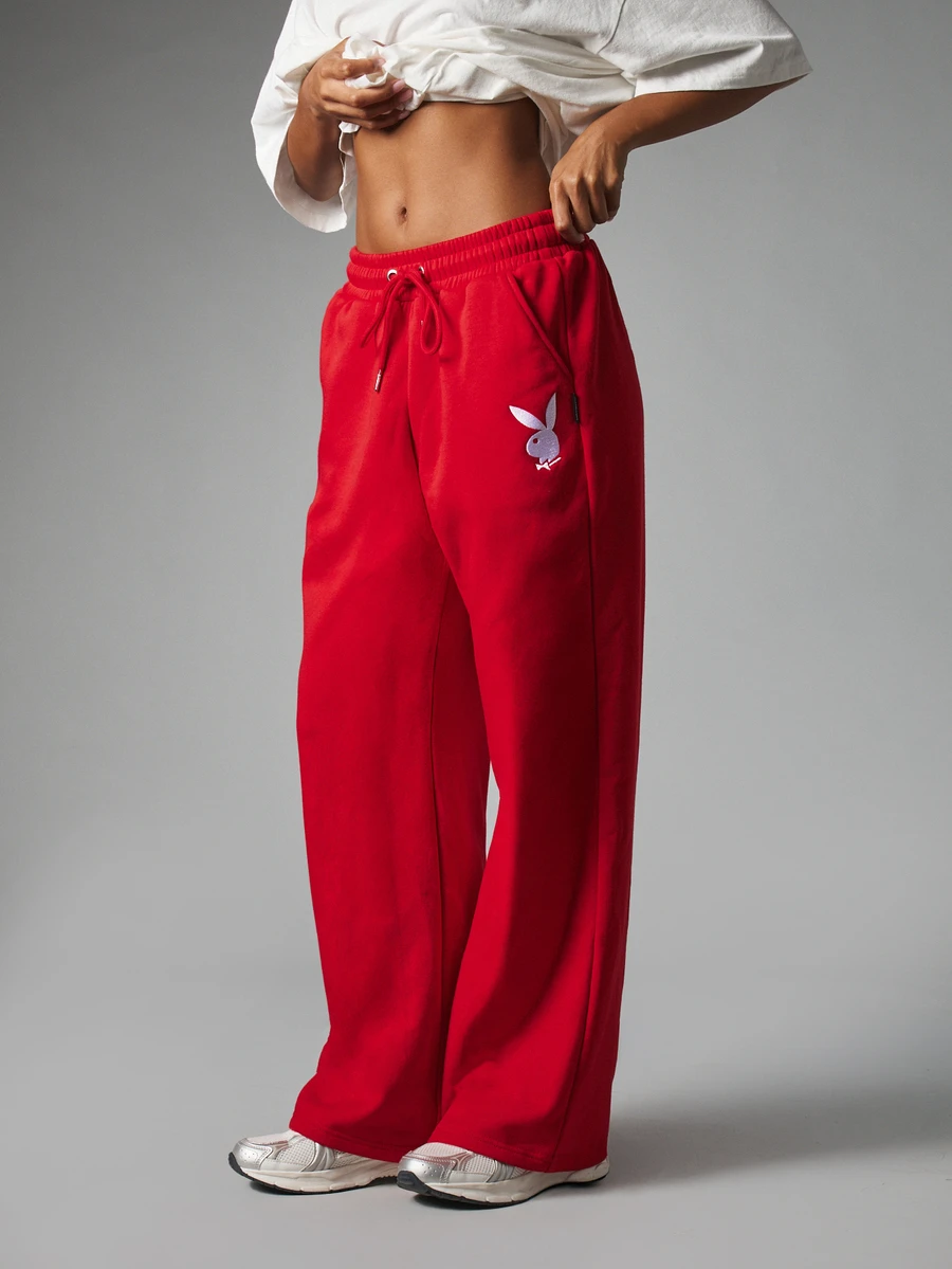 Missguided x Playboy Bunny Logo Wide Leg Fleece Sweatpants With Drawstring Waist And Bum Script Print Casual Lounge Pants - Red - View 1