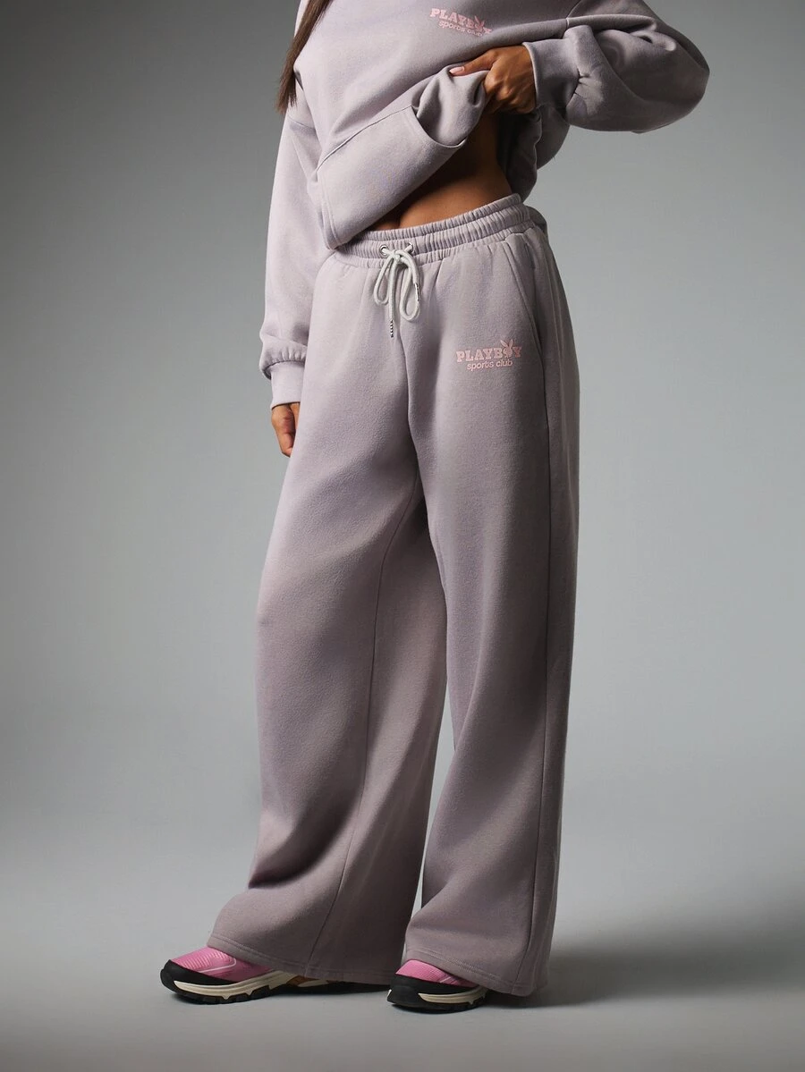 Missguided x Playboy Sports Club Wide Leg Fleece Jogger Pants With Drawstring Waist And Logo Print Perfect For Casual Everyday Wear - Grey - View 1