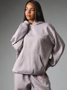 Missguided x Playboy Sports Club Oversized Pullover Sweatshirt mit Grafikdruck auf der Rückseite Est 1953 Mitteltasche Lässig Loungewear Fitness Malve - Grau - Übersicht 2
