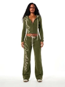 SUMWON WOMEN Knit Wide Leg Pants With Cursive Script Logo Print, Low Rise Drawstring Waist, Flare Silhouette, Fall Winter Cozy Loungewear - Army Green - View 6