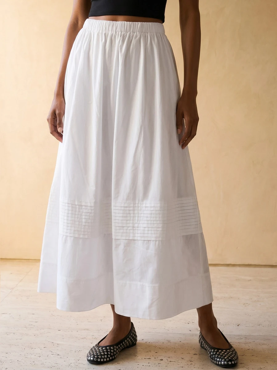 Rouah Women's Pleated Maxi Skirt For Vacation - Summer Skirt, White Summer Skirt, White Maxi Skirt For Summer, Cotton Maxi Skirt - White - View 1