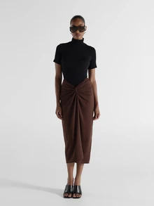 KSTM Twist Knot Ruched Midi Skirt High Waist Draped Wrap Style Elegant Party Evening Fall Winter Occasion Skirt - Brown - View 2