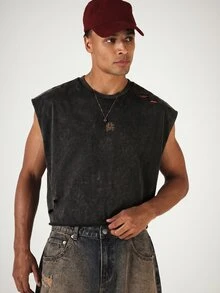 SUMWON Oversized Sleeveless Muscle Tank Top With Western Cowboy Graphic Print, Raw Cut Distressed Hem, Vintage Acid Wash Summer Festival Vest - Black - View 5