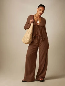 MISSGUIDED Sheer Chiffon Tie-Front Top And Wide Leg Palazzo Pants Co-Ord Set With Flared Sleeves And Ruched Empire Waist - Chocolate Brown - View 4