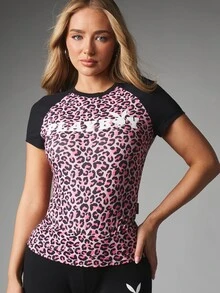 Missguided x Playboy Bunny Logo Pink Leopard Print Raglan Bodysuit With Crew Neck Short Sleeves And Black Contrast Sleeves - Multicolor - View 4