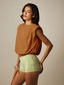 MISSGUIDED 加墊肩無袖上衣，船領設計，夏季休閒方正短版上衣，適合度假與日常穿著 - 棕色 - 查看 5