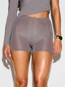 KIZN Sheer Mesh Mini Shorts High Waist Bodycon Hot Pants Semi Transparent Summer Festival Party Vacation Booty Shorts - Grey - View 4