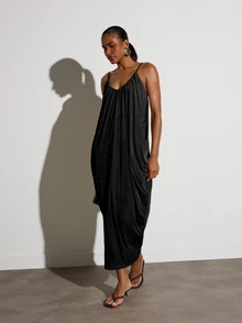KSTM Velvet Midi Slip Dress V Neck Spaghetti Strap Draped Cocoon Silhouette Open Low Back Summer Party Holiday - Black - View 5