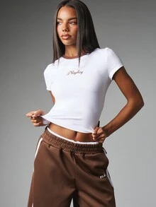 Missguided x Playboy Script Logo Crop T-Shirt With Contrast Brown Neckline Trim Short Sleeve Fitted Crew Neck Summer Casual Top - Multicolor - View 1