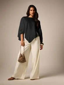 AiiRZ Fringe Trim Poncho Cape Top With Bateau Neckline And Dramatic Tassel Hem - Perfect For Holiday Parties And Evening Events - Black - View 4