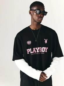 PLAYBOY X SUMWON Oversized Crew Neck Graphic Tee With Los Angeles California Varsity Text And Bunny Logo Print Short Sleeve - Black - View 4