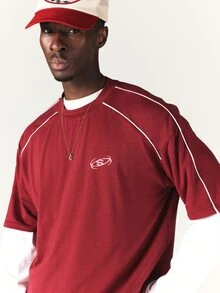 SUMWON Oversized Boxy Crew Neck Short Sleeve T-Shirt With Back Logo Graphic Print And Contrast Piping Detail - Burgundy - View 5