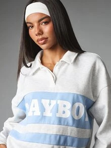 Missguided x Playboy Oversized Rugby Collar Sweatshirt With Color Block Stripe And Bold Logo Print Long Sleeve Casual Pullover Top - Multicolor - View 4