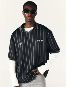 SUMWON Oversized Pinstripe Polo Shirt With Spread Collar Short Sleeve Logo Print Relaxed Fit Street Style Top - Black - View 4