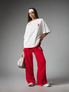 Missguided x Playboy Oversized Crew Neck Short Sleeve T-Shirt With Bold Script Logo Back Print And Bunny Logo Chest Print - White - View 3