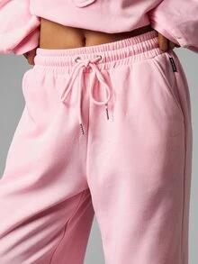 Missguided x Playboy Embroidered Script Logo Wide Leg Sweatpants High Rise Elastic Waist Casual Fleece Jogger Trousers Spring Loungewear - Pink - View 5