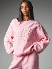 Missguided x Playboy Oversized Crew Neck Sweatshirt With Tonal Script Applique Logo Detail Long Sleeve Casual Pullover Top - Pink - View 1