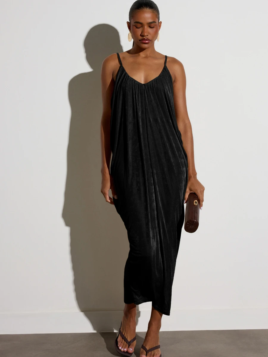KSTM Velvet Midi Slip Dress V Neck Spaghetti Strap Draped Cocoon Silhouette Open Low Back Summer Party Holiday - Black - View 1
