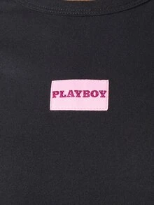 Missguided x Playboy 粉色編織標籤貼片圓領短袖修身緊身短版T恤，夏季音樂節風格 - 黑色 - 查看 2