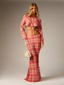 AiiRZ Plaid Co-Ord Set Crop Blouse With Bell Sleeves And Bodycon Maxi Skirt Autumn Winter Two-Piece Outfit - Multicolor - View 1
