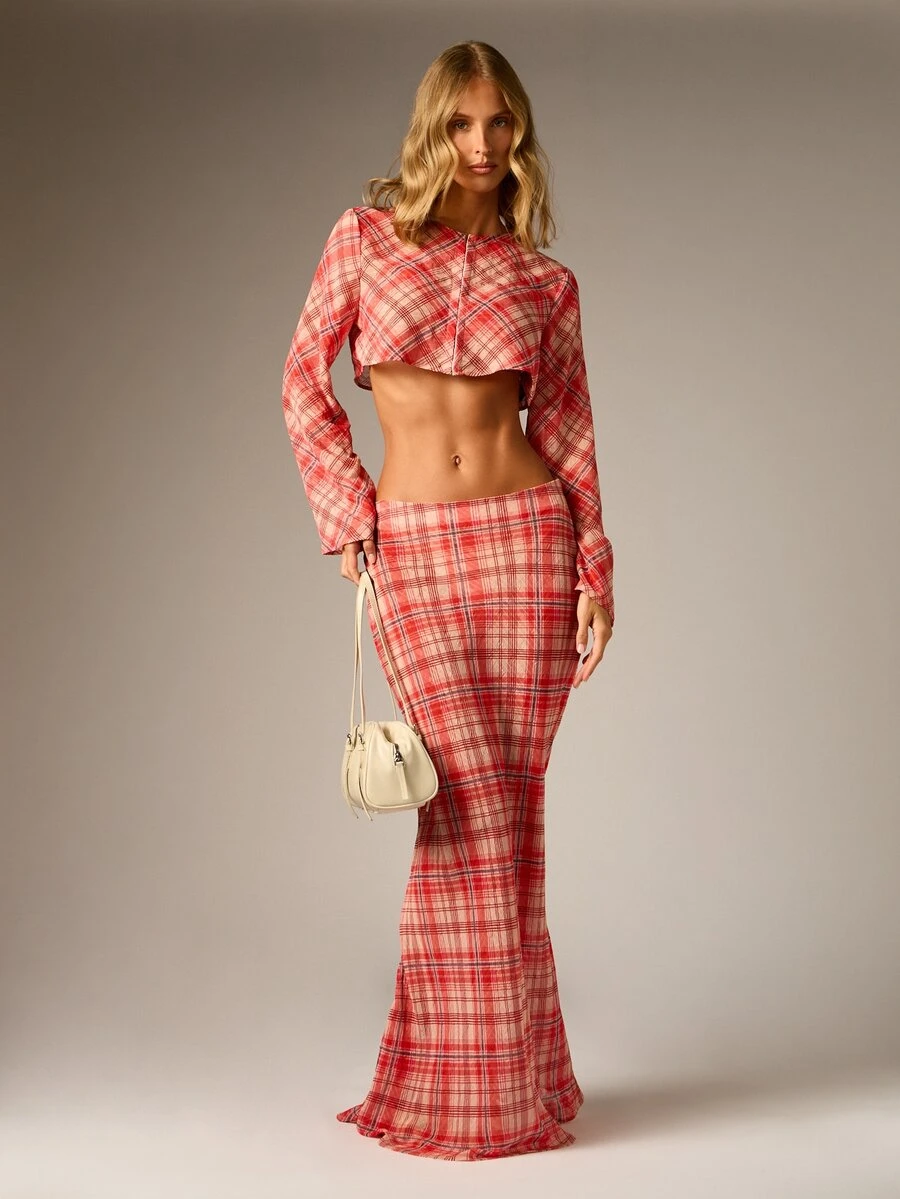 AiiRZ Plaid Co-Ord Set Crop Blouse With Bell Sleeves And Bodycon Maxi Skirt Autumn Winter Two-Piece Outfit - Multicolor - View 1