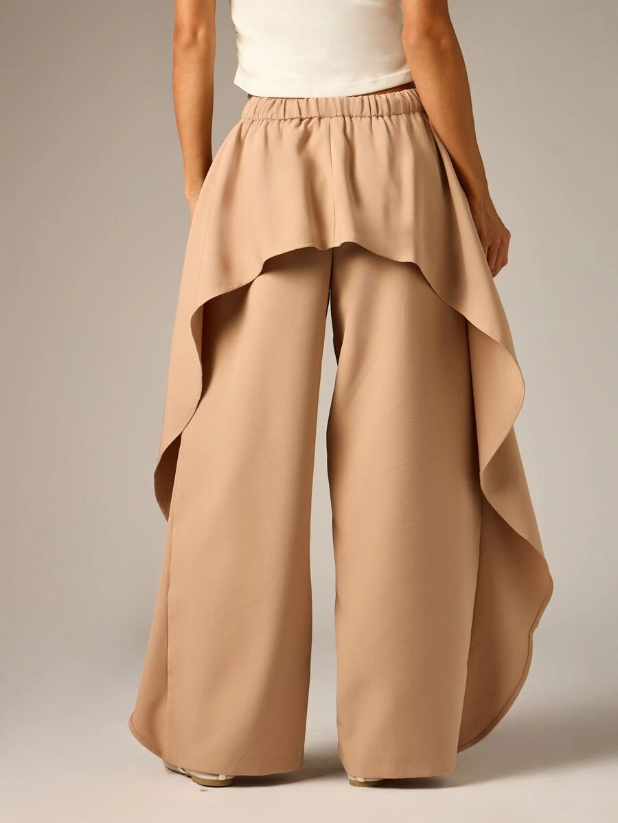 AiiRZ High Rise Palazzo Wide Leg Pants With Dramatic Ruffle Overlay Skirt Panel Asymmetric Flowing Hem Full Length Spring Summer - Brown - View 1