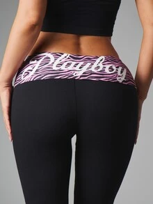 Missguided x Playboy Celana Legging Model Flare dengan Logo Kelinci dan Motif Zebra, Pinggang Lipat, Pinggang Rendah, Panjang Penuh, Celana Yoga - MultiWarna - View 5