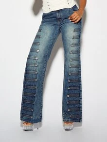 SUMWON WOMEN Wide Flared Denim Jeans With Side Button Detail Low Rise Full Length Washed Blue Vintage Style Boho Festival Pants - Blue - View 1