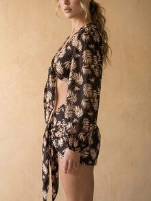 Rouah 女款棕櫚葉印花前綁帶波希米亞風襯衫與裙子套裝 - 女士2件套，夏季套裝，海灘套裝，度假套裝 - 彩色 - 查看 6