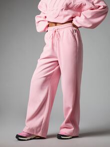 Missguided x Playboy Embroidered Script Logo Wide Leg Sweatpants High Rise Elastic Waist Casual Fleece Jogger Trousers Spring Loungewear - Pink - View 4