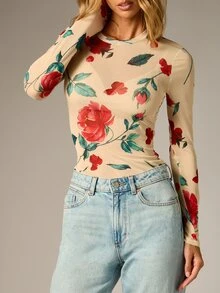 AiiRZ Floral Print Long Sleeve Mesh High Neck Top Slim Fit Sheer Layer Spring Summer Elegant Rose AOP Bodycon Style - Multicolor - View 4