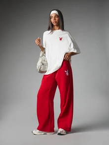 Missguided x Playboy Bunny Logo Wide Leg Fleece Sweatpants With Drawstring Waist And Bum Script Print Casual Lounge Pants - Red - View 3