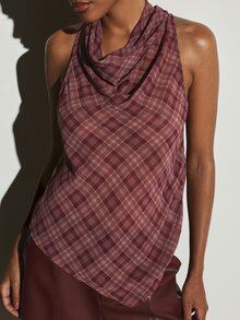 KSTM Plaid Cowl Neck Halter Blouse Diagonal Check Woven Sleeveless Top With Draped Neckline For Fall Winter - Multicolor - View 4